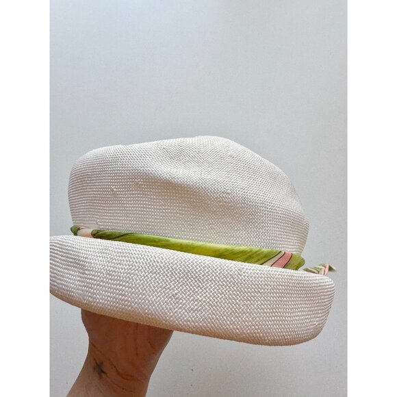 Vintage White Basketweave Green Pink Satin Twill Tie Bucket Hat - Picture 10 of 16